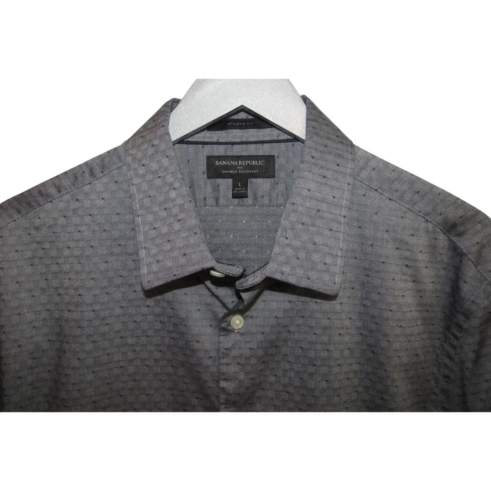 Banana Republic L Dress Shirt Athletic Fit Wrinkle Resistant‎ Gray Black Woven